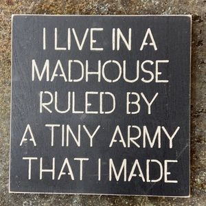 Wall hanging: “I live in a madhouse ruled by a tiny army that I made”